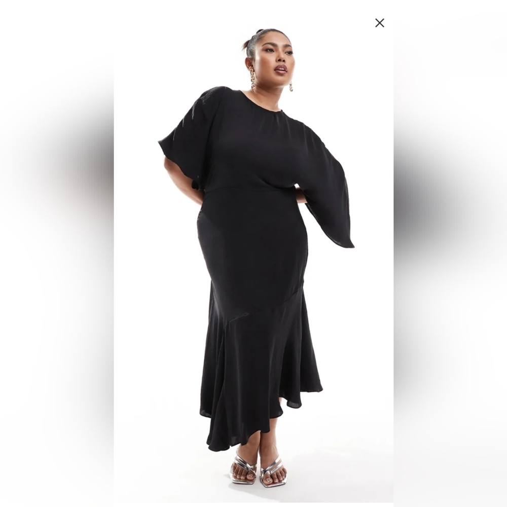 ASOS DESIGN Curve satin flutter sleeve asymmetric hem midi dress